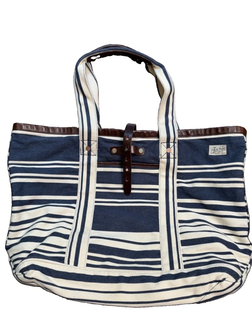 Polo Ralph Lauren Indigo Striped Cotton Canvas Leather Tote Bag Stripe Nautical